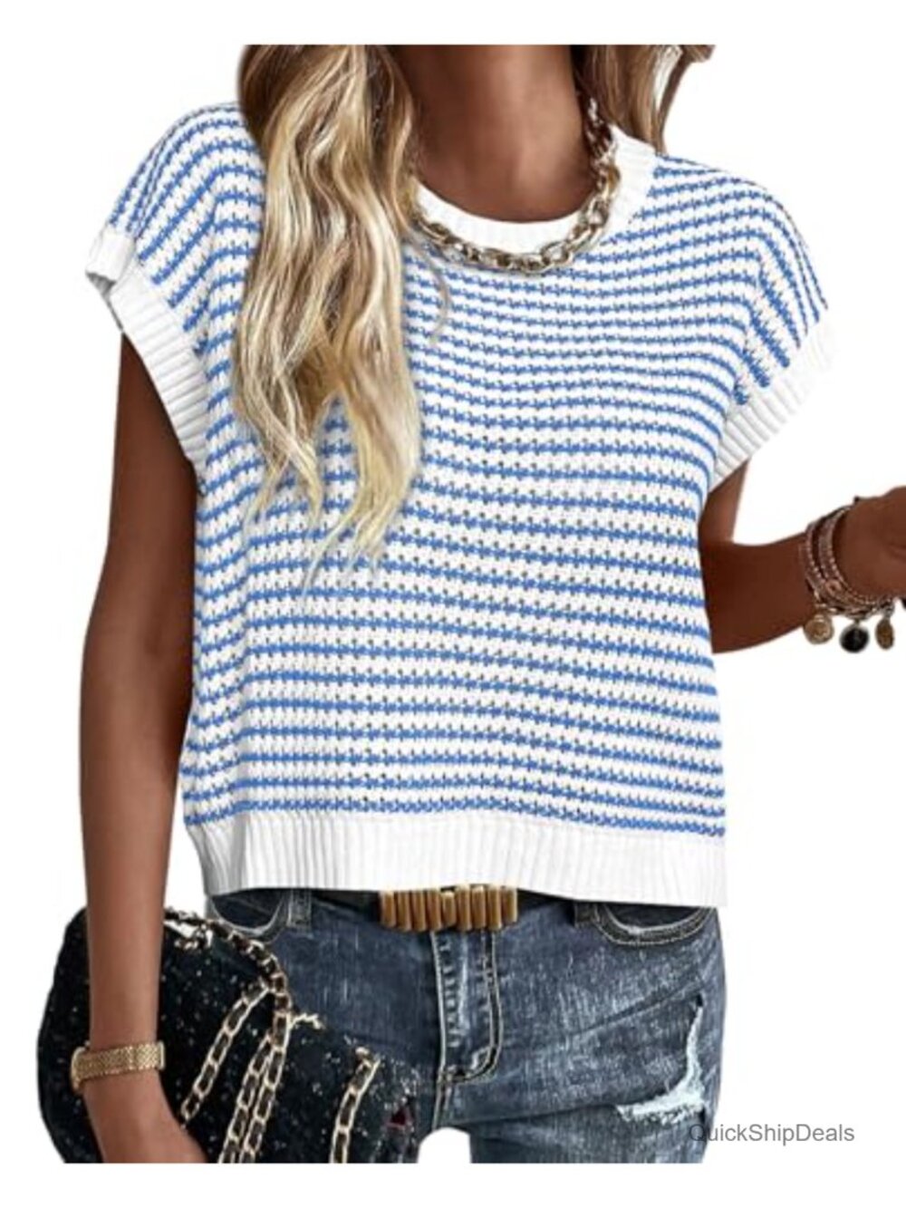 Striped Short Sleeve Sweater Vest Knit Top
